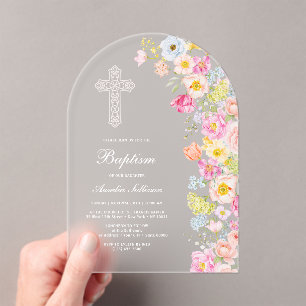 Levendige Pastel Bloemen Boog Doop Acryl Uitnodigingen