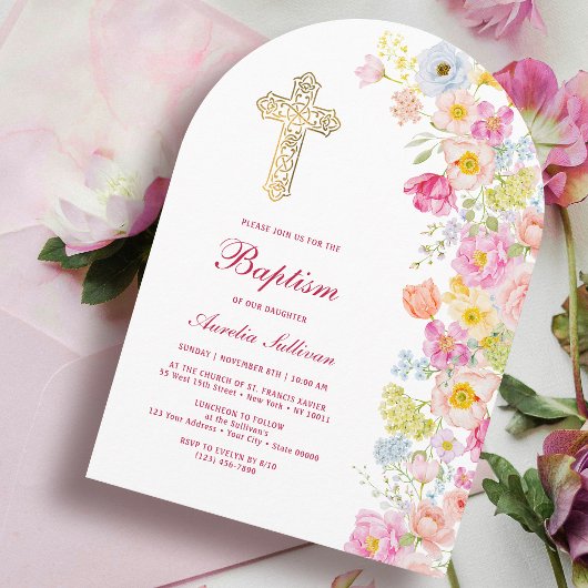 Levendige Pastel Bloemen Boog Doop Kaart