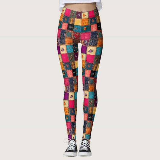 Levendige Patchworkdeken met Klassieke Bloemmotiev Leggings (Voorkant)