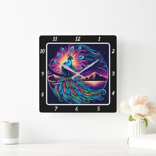 Levendige pauw gloed vierkante klok (Huis)