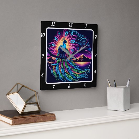 Levendige pauw gloed vierkante klok (Kantoor)
