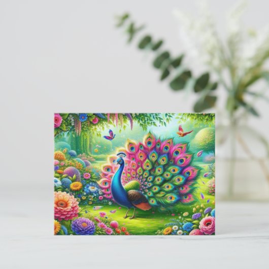 Levendige Pauw in een Fantasy Garden Schilderij Briefkaart (Staand voorkant)