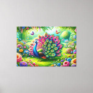 Levendige Pauw in een Fantasy Garden Schilderij Canvas Afdruk