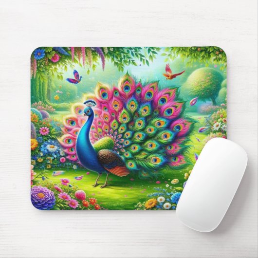 Levendige Pauw in een Fantasy Garden Schilderij Muismat (Met muis)