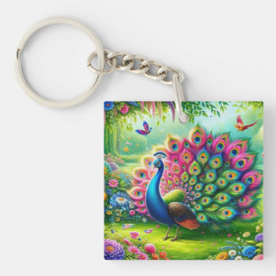 Levendige Pauw in een Fantasy Garden Schilderij Sleutelhanger