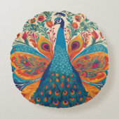 "Levendige pauw in Mexicaanse volkskunststijl Rond Kussen (Voorkant)