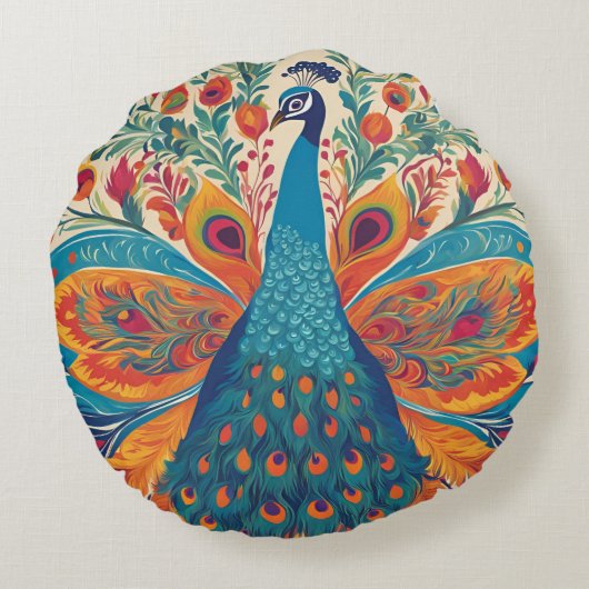 "Levendige pauw in Mexicaanse volkskunststijl Rond Kussen (Achterkant)