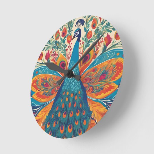 "Levendige pauw in Mexicaanse volkskunststijl Ronde Klok (Hoek)