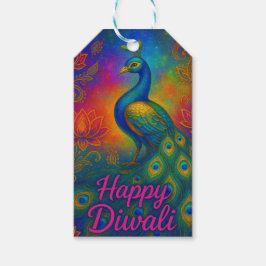 Levendige pauw, lotus en olifant Happy Diwali Cadeaulabel