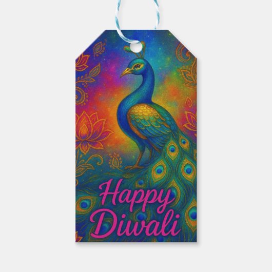 Levendige pauw, lotus en olifant Happy Diwali Cadeaulabel (Voorkant)