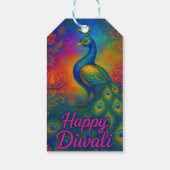 Levendige pauw, lotus en olifant Happy Diwali Cadeaulabel (Achterkant)