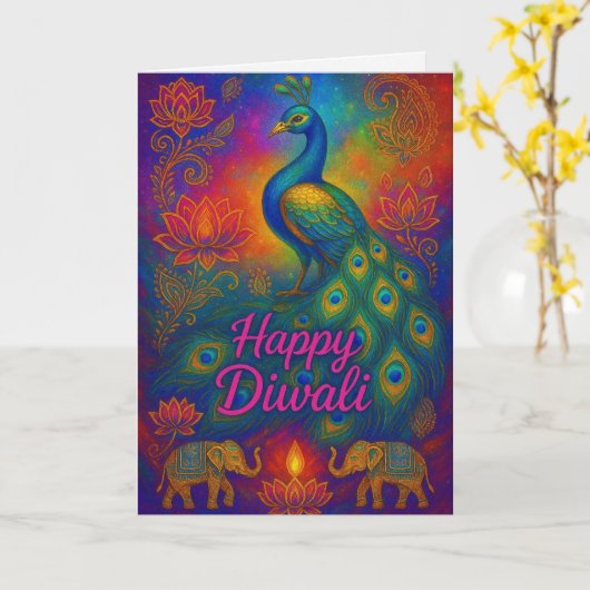 Levendige Pauw & Lotus Happy Diwali Groet Kaart (Gele Bloem)