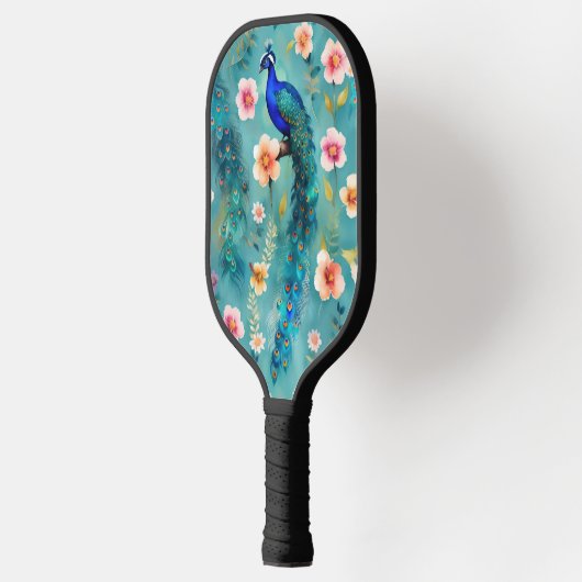 Levendige pauw met veren en weelderige bloemen pickleball paddle (Links)