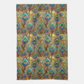 Levendige pauwenveren op goud theedoek (Verticaal)