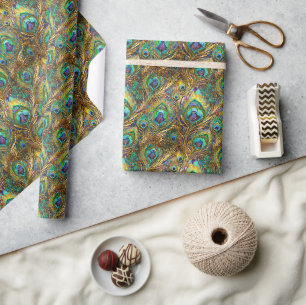 Levendige Pauwveren op Goud Cadeaupapier