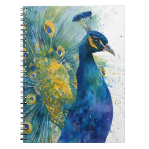 Levendige Peacock Blue Gold Waterverf Art Notitieboek