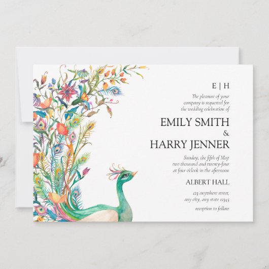 Levendige peacock Botanical Spring Wedding Kaart (Voorkant)