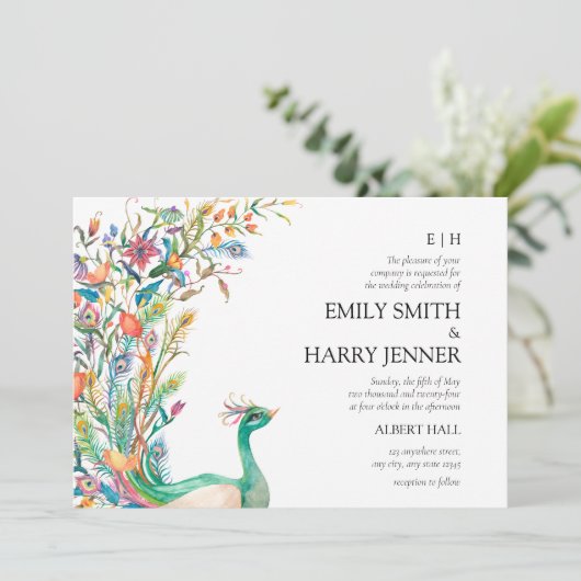 Levendige peacock Botanical Spring Wedding Kaart (Staand voorkant)