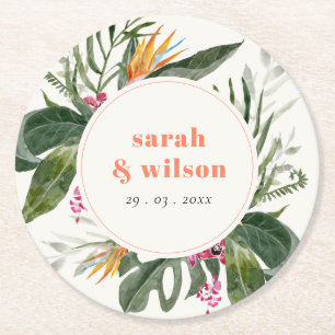 Levendige Perzik Blush Boho Tropische Bloemen Brui Ronde Kartonnen Onderzetter