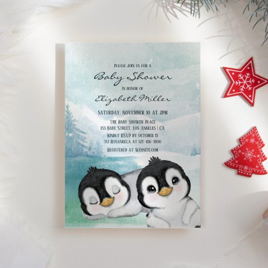 Levendige pinguïns sneeuwlandschap Baby shower Kaart