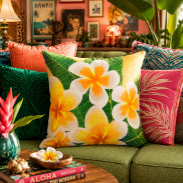 Levendige Plumeria Bloem Schildering Groen Geel Kussen