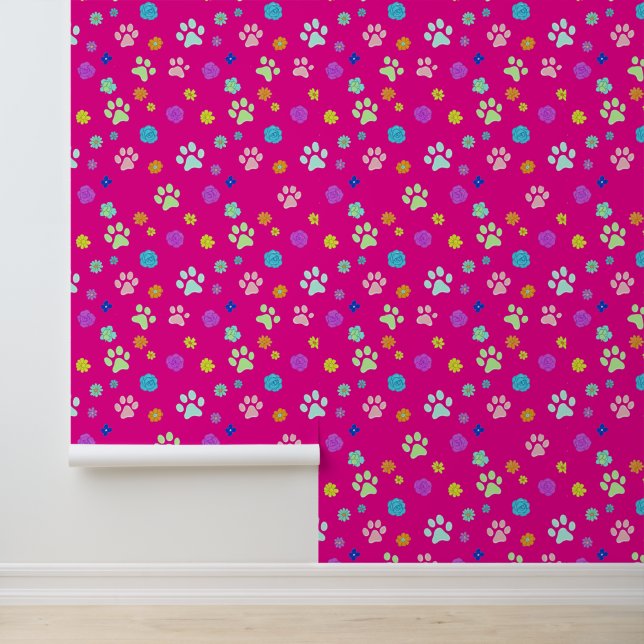Levendige pootafdruk en bloemen behang (Applicatie)