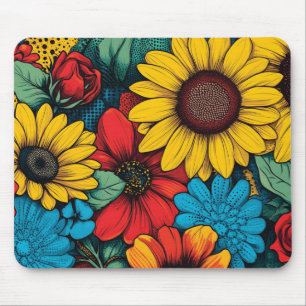 Levendige Pop Art Floral Design met Zonnebloemen Muismat
