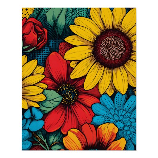 Levendige Pop Art Floral Design met Zonnebloemen Perfect Poster (Voorkant)