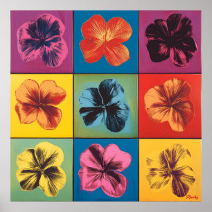Levendige Pop Art Hibiscus Bloem Grid – Modern Poster