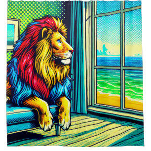 Levendige Pop Art Leeuw Zeezicht Douchegordijn