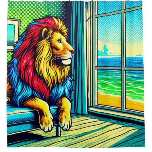 Levendige Pop Art Leeuw Zeezicht Douchegordijn (Voorkant)