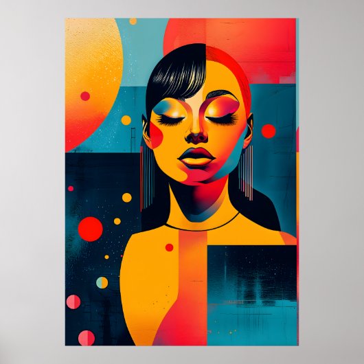Levendige Pop Art Portrait: serene vrouw Poster (Voorkant)