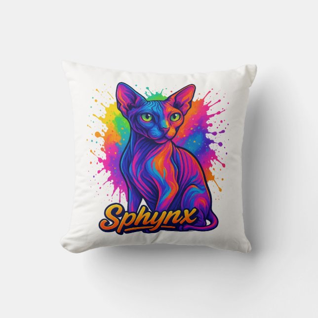 Levendige Pop Art Sphynx Cat – Kleurrijk Modern Kussen (Voorkant)