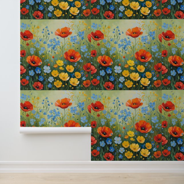 Levendige Poppy & Forget-Me-Not Bloemen Zelfkleven Behang (Applicatie)