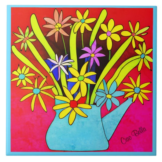 Levendige psychedelische bloemen in een blauwe vaa tegeltje (Voorkant)