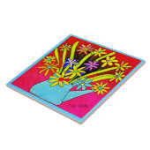 Levendige psychedelische bloemen in een blauwe vaa tegeltje (Zijkant)