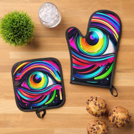 Levendige Psychedelische Oogkunst Ovenwant & Pannenlap Set (Top down)