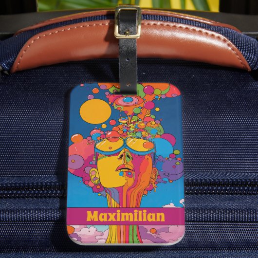 Levendige psychedelische Pop Art Groovy Retro Desi Bagagelabel (Voorkant Insitu 2)