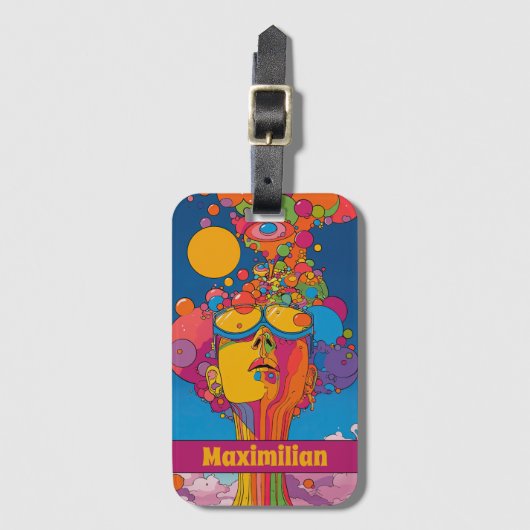 Levendige psychedelische Pop Art Groovy Retro Desi Bagagelabel (Voorkant (verticaal))