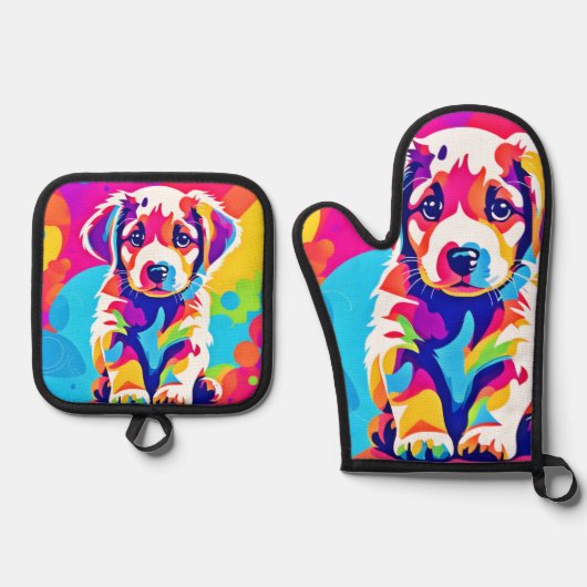 Levendige puppykunst ovenwant & pannenlap set (Voorkant)