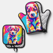 Levendige puppykunst ovenwant & pannenlap set (Voorkant / Achterkant)