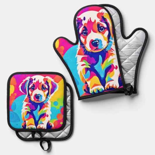 Levendige puppykunst ovenwant & pannenlap set (Voorkant / Achterkant)