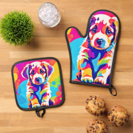 Levendige puppykunst ovenwant & pannenlap set