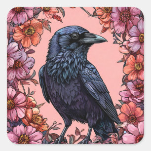 🖤 Levendige Raven Bloemrijke Donkere Vogel  🖤 Vierkante Sticker
