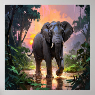 Levendige Regen en Zonsondergang Olifant Schildere Poster