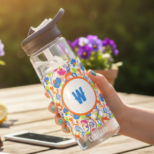 Levendige Regenboog Folk Bloemige Monogram Waterfles