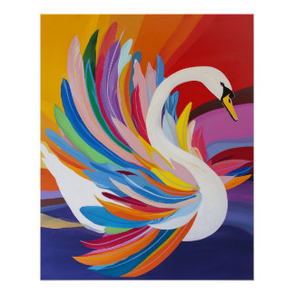 Levendige Regenboog Gevederde Zwaan Schilderij Perfect Poster