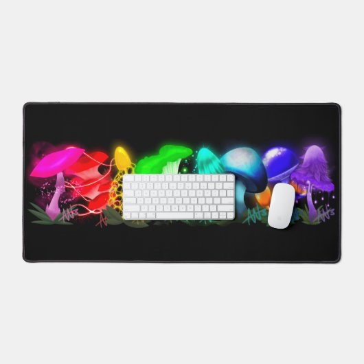 Levendige regenboog gloeiende paddenstoelen bureaumat (Keyboard & Muis)