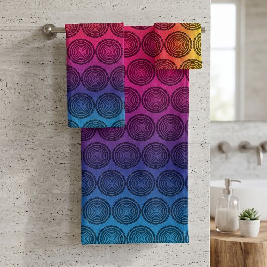 Levendige Regenboog Gradiënt Retro Concentrische C Bad Handdoek