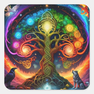 Levendige regenboog Keltische boom met wolven en r Vierkante Sticker